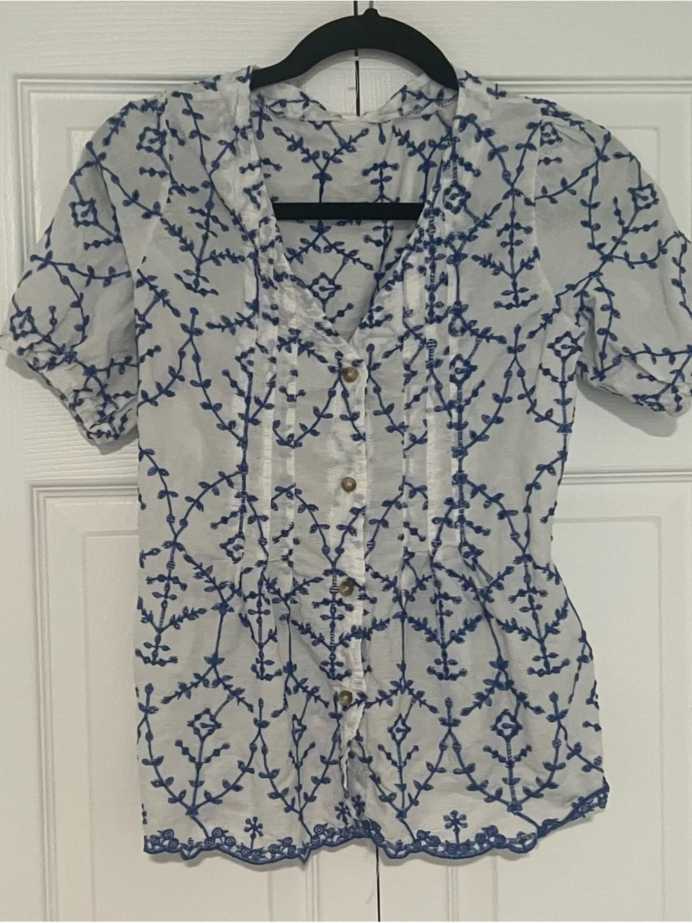 White Babydoll Sheer Blouse with Blue Embroidered Motif